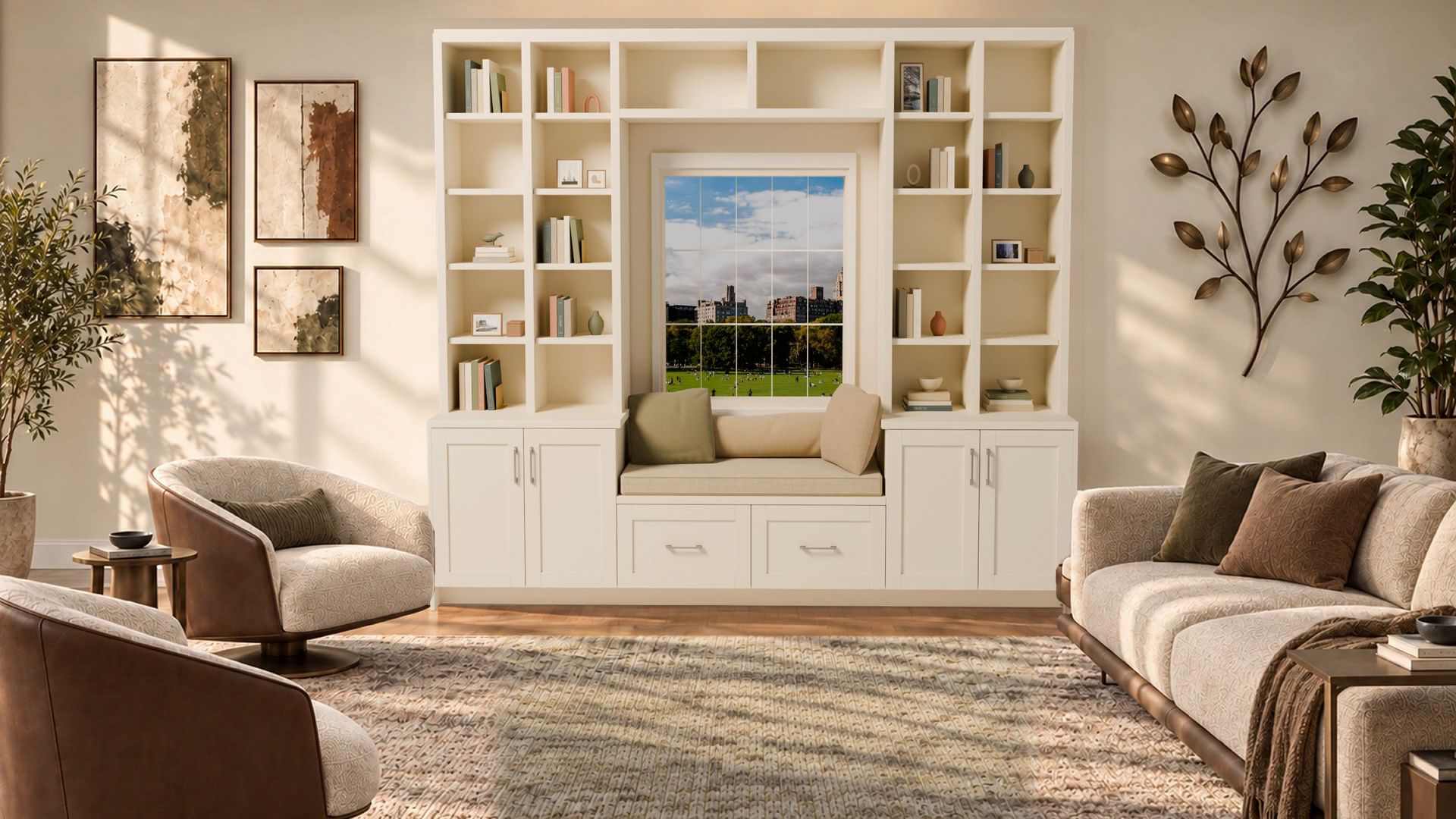 Made to Measure Collection room visualization: the complete pale bookcase surround, window seat and lower cabinets