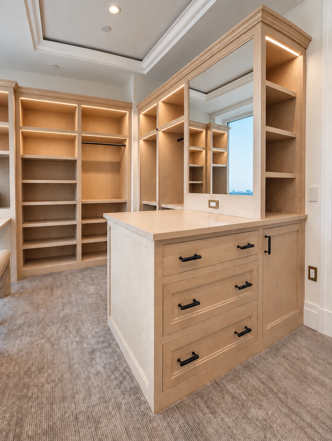 Oak dressing room on Central Park South with illuminated shelving, hanging rails and a mirrored drawer unit