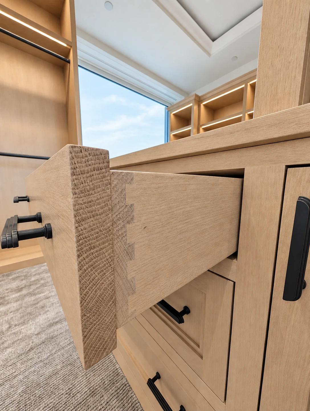 Close view of the open drawer joint, grain and fitted front in the Central Park South oak dressing room