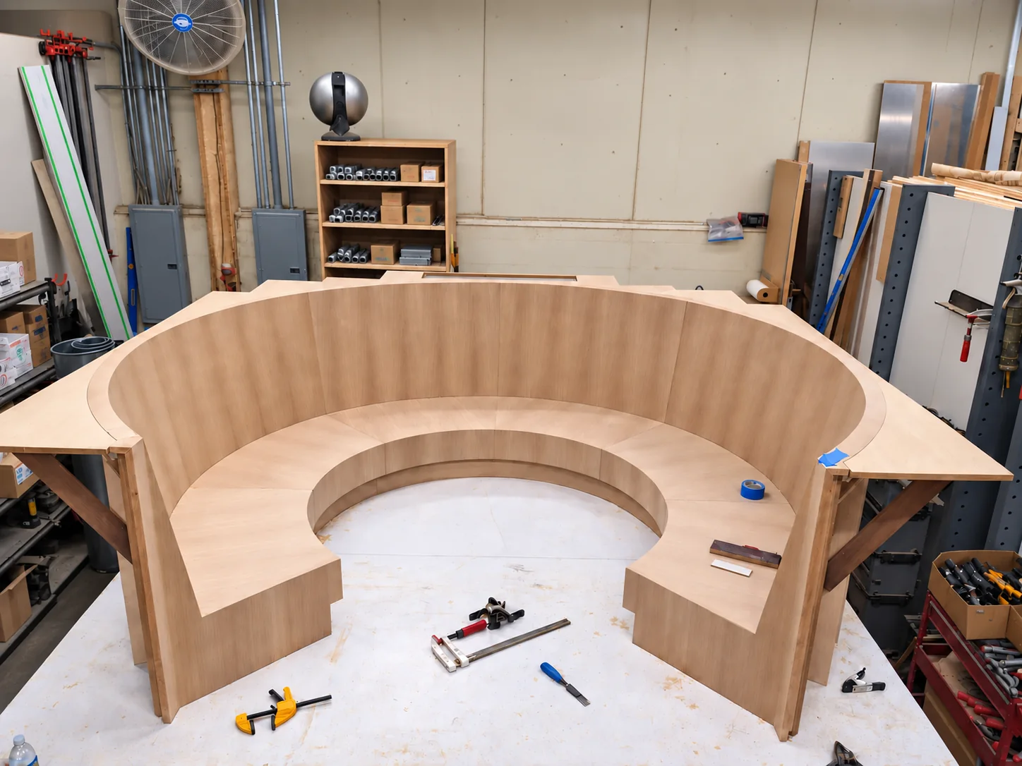 Curved wood banquette being assembled in the JQ workshop