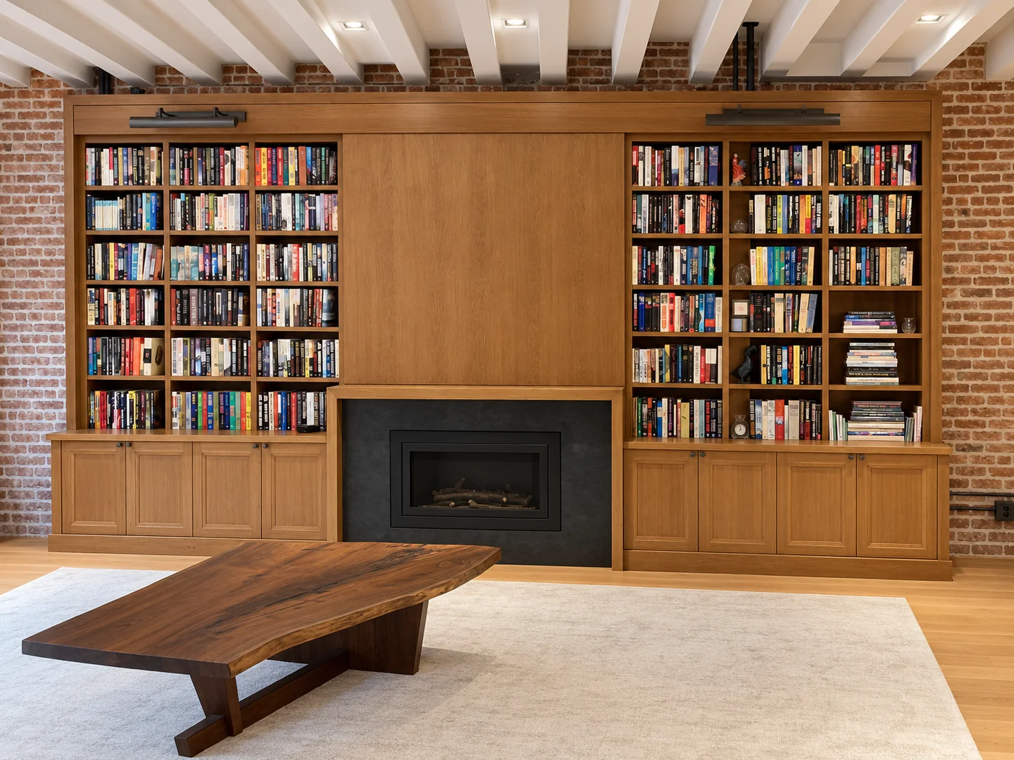 Lower Manhattan oak library with filled bookshelves, a closed central sliding panel and paneled cabinets surrounding a black fireplace, against exposed brick with a wood slab coffee table in front