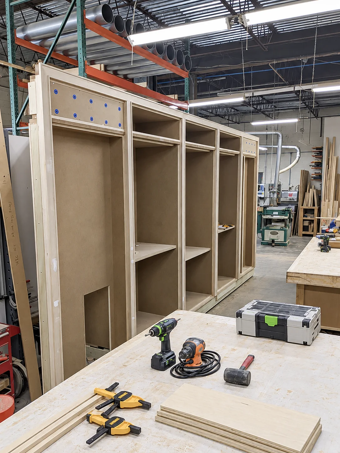 Unfinished cabinetry beside a workbench with clamps, drills and hand tools in the JQ workshop, with fabrication equipment and material racks beyond