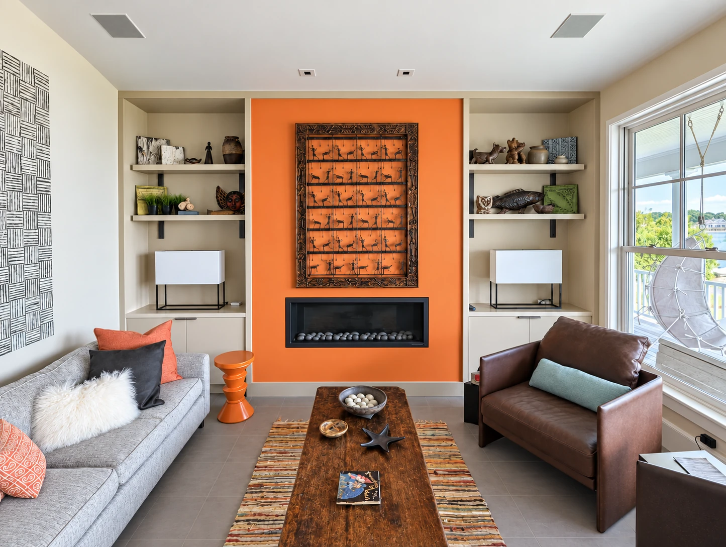 Built-in display shelving flanking a fireplace in a Westhampton Beach residence