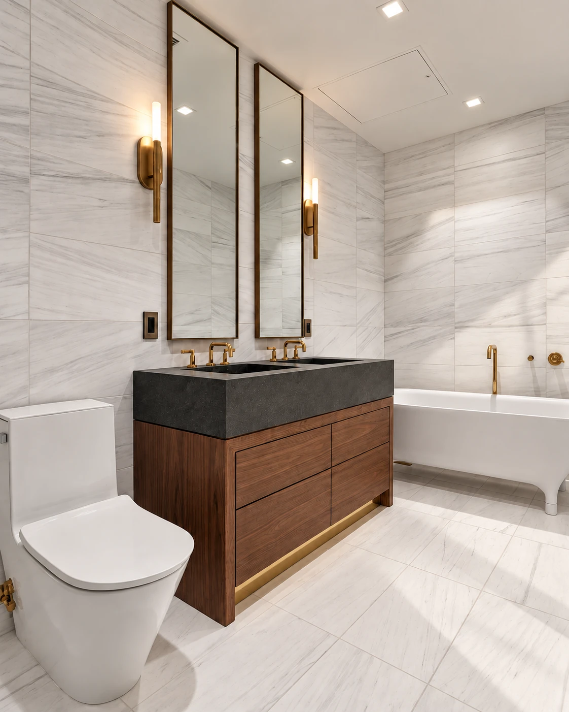 Wood double vanity with dark stone basins, tall mirrors and brass-tone fittings in SoHo