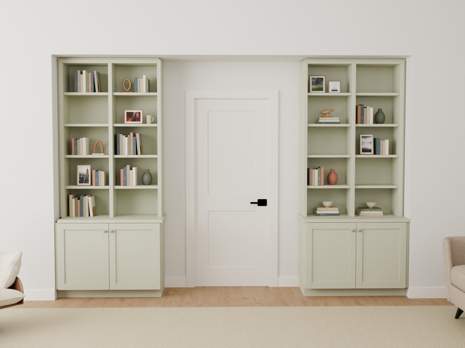 Doorway bookcase composition in Pale olive