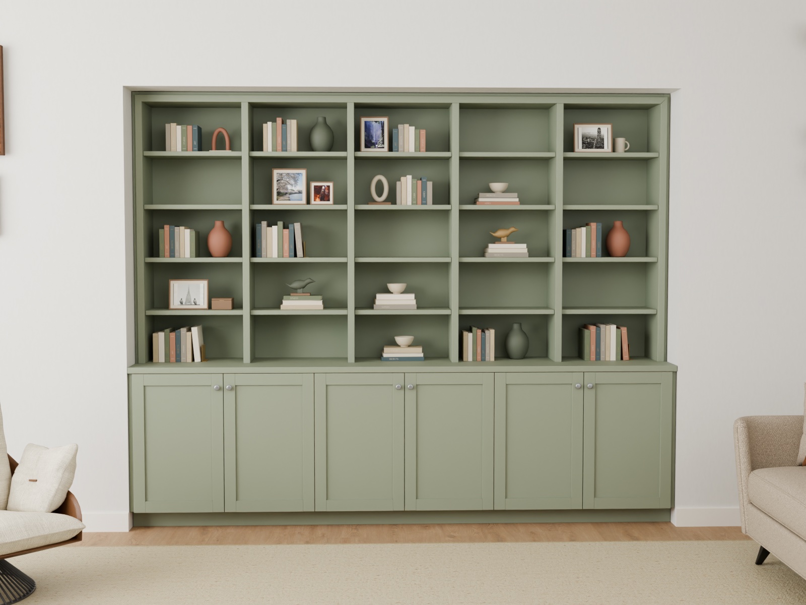 Close view of shelving and lower cabinet fronts in the illustrative Sage library