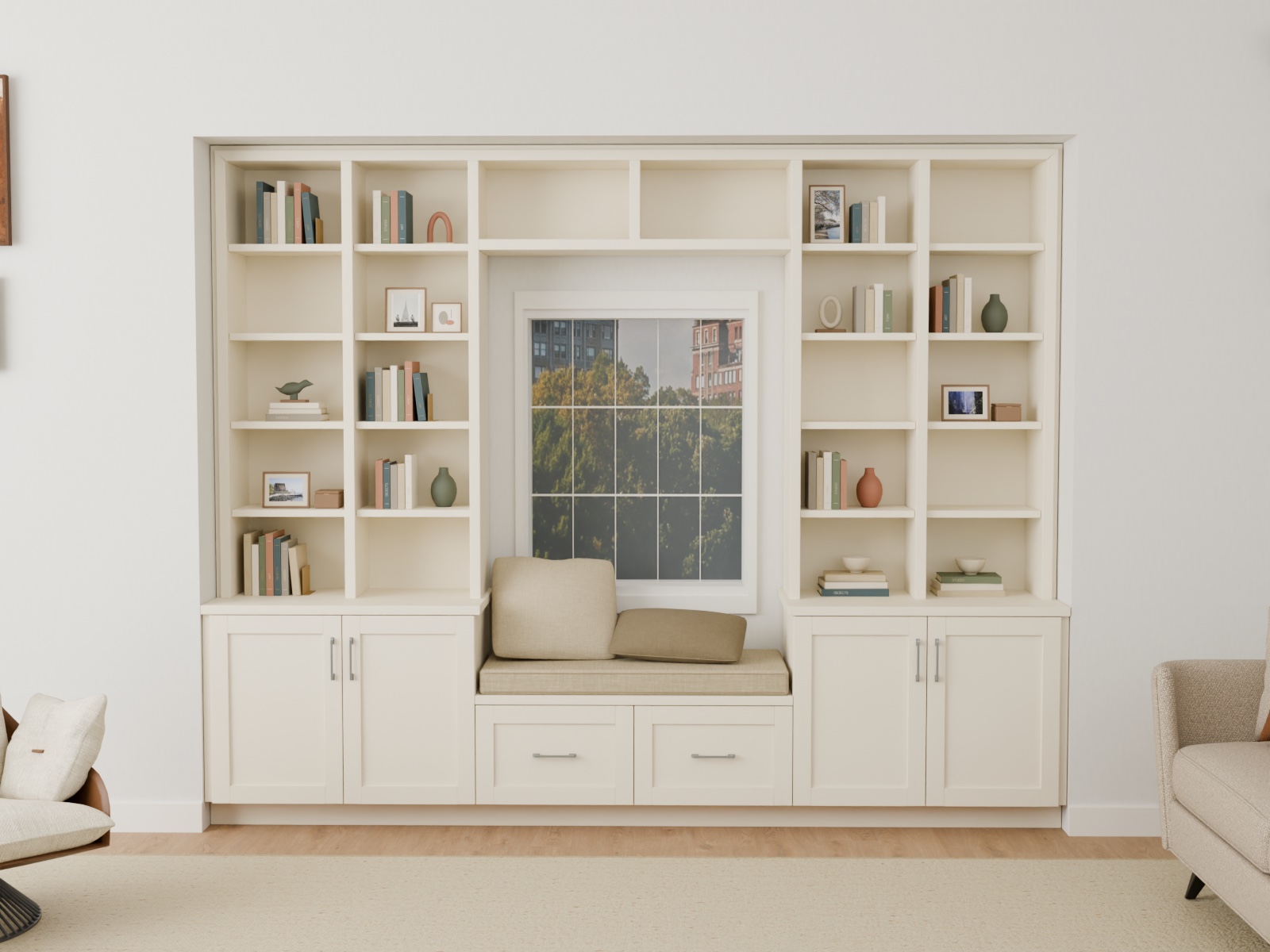 Custom window seat framed by fitted shelving